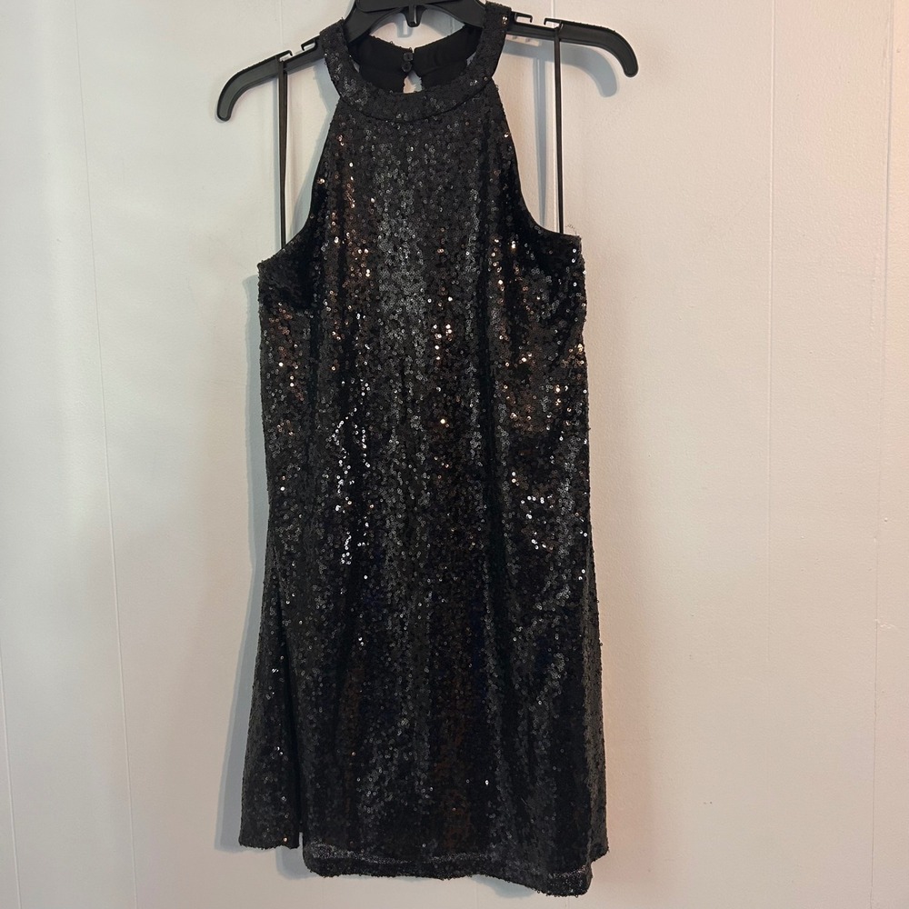 One Clothing Los Angeles Black Sequin Halter Mini Dress CR4348-Z781 NWT L